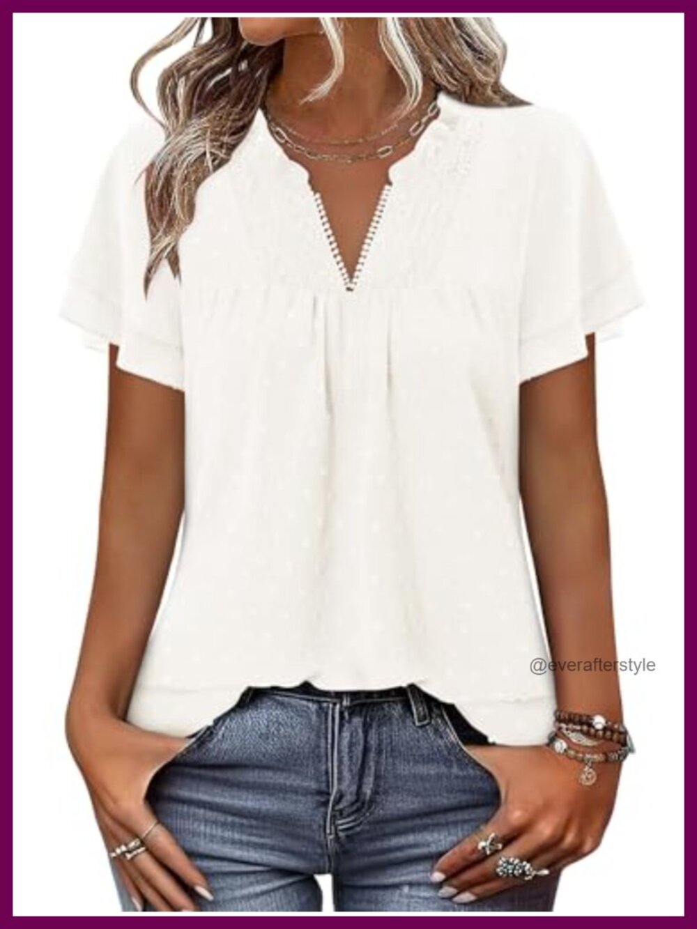 Womens Swiss Dot V-Neck Short Sleeve Boho Flowy Blouse - Dressy Casual Top